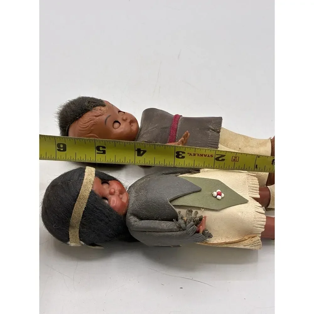 Vintage Souvenir Dolls Pair Leather Outfits Sleep Eyes Rattle Sound